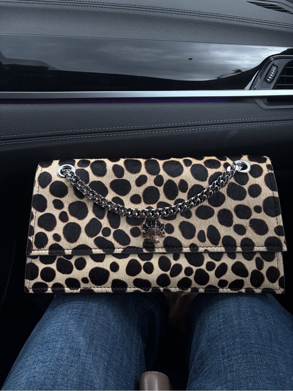 Tory Burch Leopard Print Chain Shoulder Clutch - Black & Cream